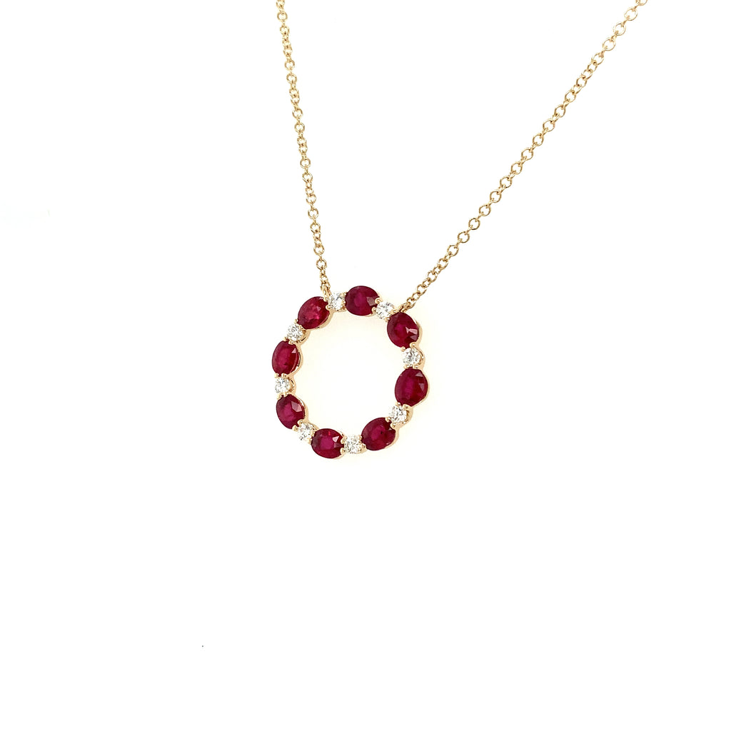 Roman+Jules Oval Shape Ruby and Diamond Circle Necklace set in 14K Yellow Gold - Image 4 of 9