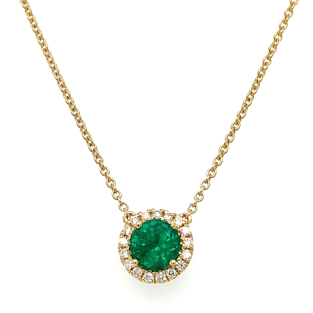 Roman+Jules Elegant Round Shape Emerald and Diamond Halo Style Necklace Set in 18K Yellow Gold - Image 1 of 6