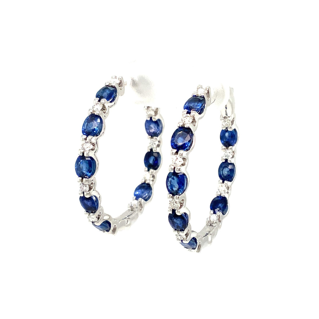 Roman + Jules Fine Quality Oval Shape Blue Sapphire and Diamond Hoop Earrings in 14K White Gold. - Image 1 of 8