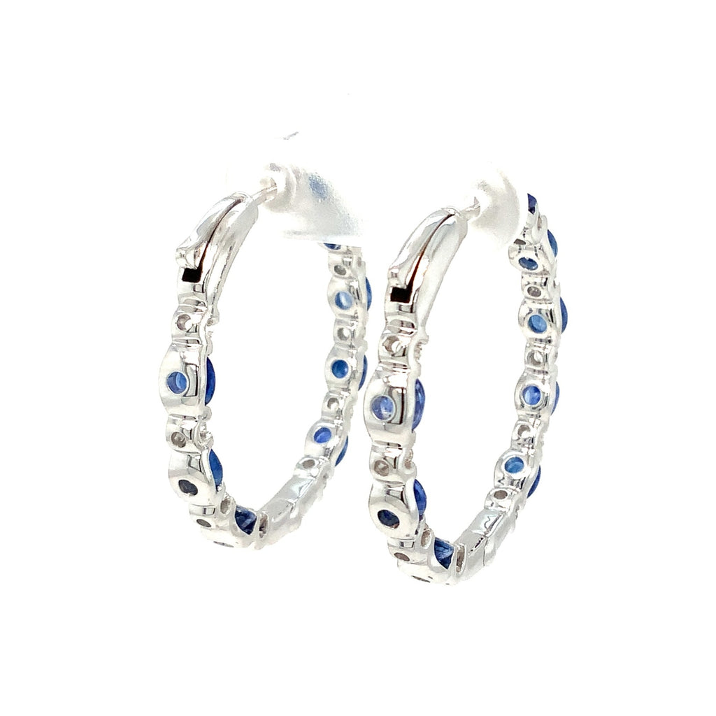 Roman + Jules Fine Quality Oval Shape Blue Sapphire and Diamond Hoop Earrings in 14K White Gold. - Image 5 of 8