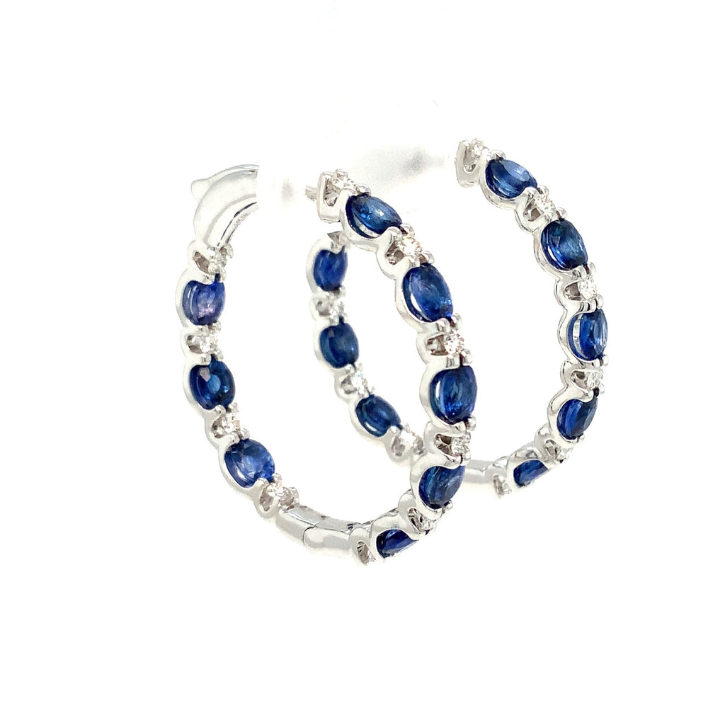 Roman + Jules Fine Quality Oval Shape Blue Sapphire and Diamond Hoop Earrings in 14K White Gold. - Image 2 of 8