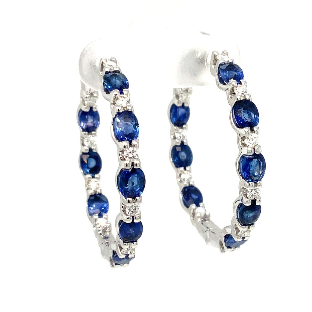 Roman + Jules Fine Quality Oval Shape Blue Sapphire and Diamond Hoop Earrings in 14K White Gold. - Image 4 of 8