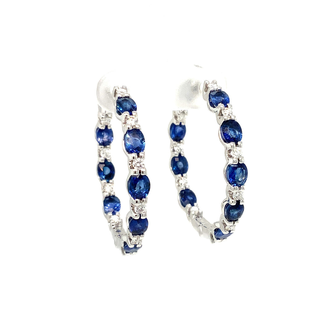 Roman + Jules Fine Quality Oval Shape Blue Sapphire and Diamond Hoop Earrings in 14K White Gold. - Image 6 of 8