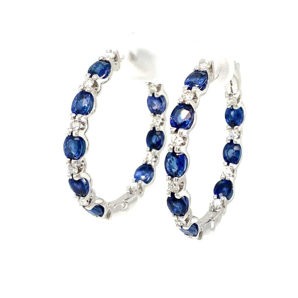 Roman + Jules Fine Quality Oval Shape Blue Sapphire and Diamond Hoop Earrings in 14K White Gold. - Image 7 of 8