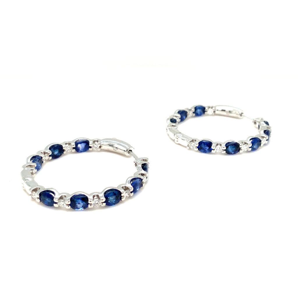 Roman + Jules Fine Quality Oval Shape Blue Sapphire and Diamond Hoop Earrings in 14K White Gold. - Image 8 of 8