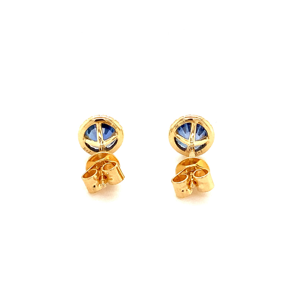 Roman + Jules Fine Quality Blue Sapphire and Diamond Halo Earrings in 18K Yellow Gold. - Image 6 of 9