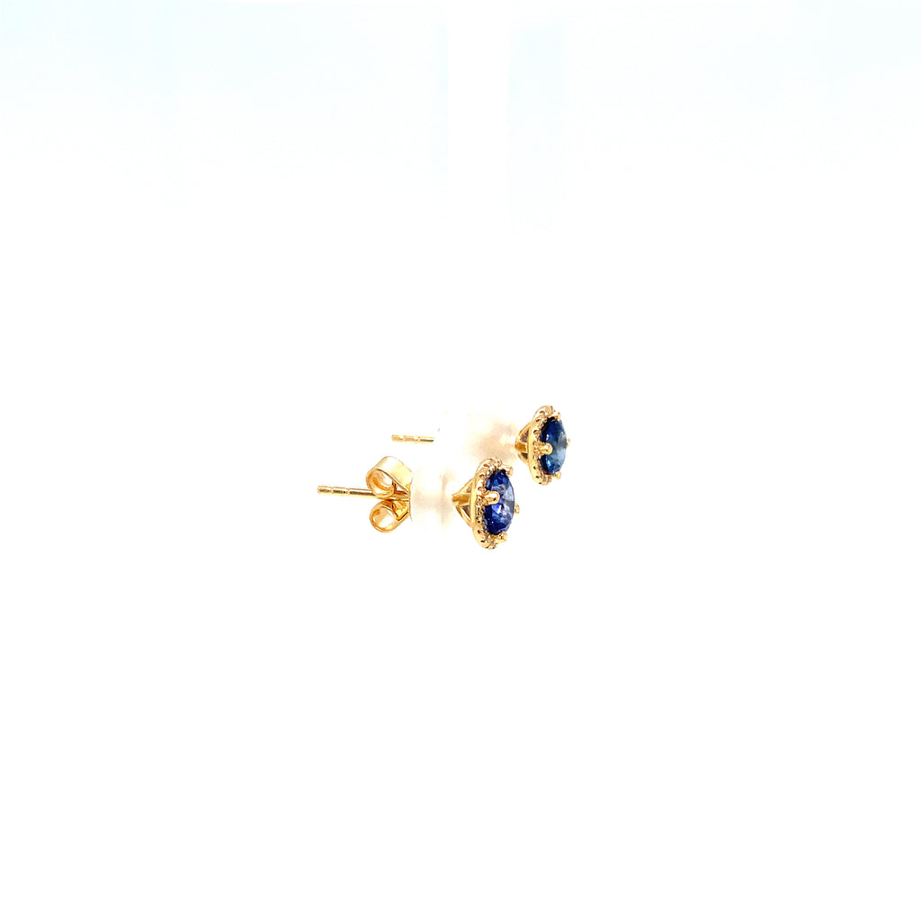 Roman + Jules Fine Quality Blue Sapphire and Diamond Halo Earrings in 18K Yellow Gold. - Image 9 of 9