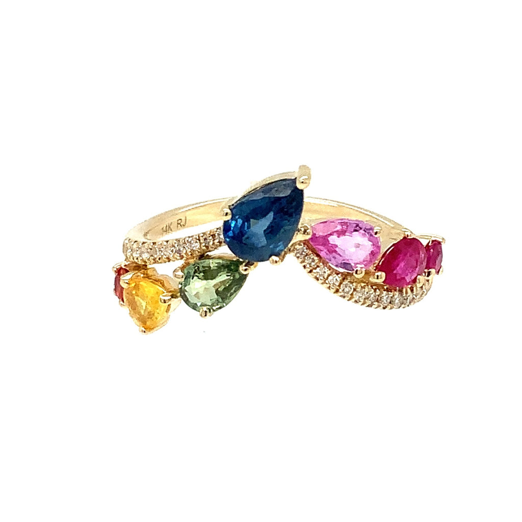 Roman+Jules Multicolor Sapphire and Pave Diamond Ring set in 14K Yellow Gold. - Image 6 of 7