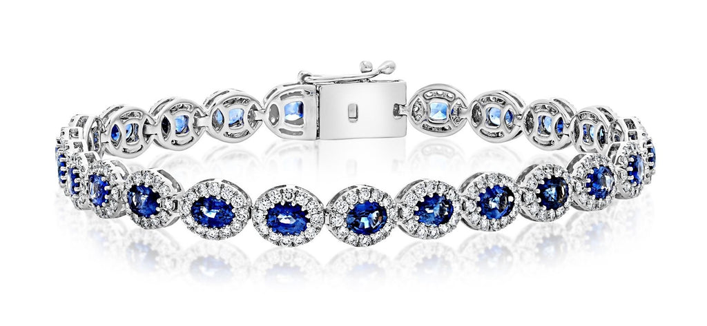 Halo Style Oval Blue Sapphire and Diamond Bracelet set in 14K White Gold - Image 2 of 3