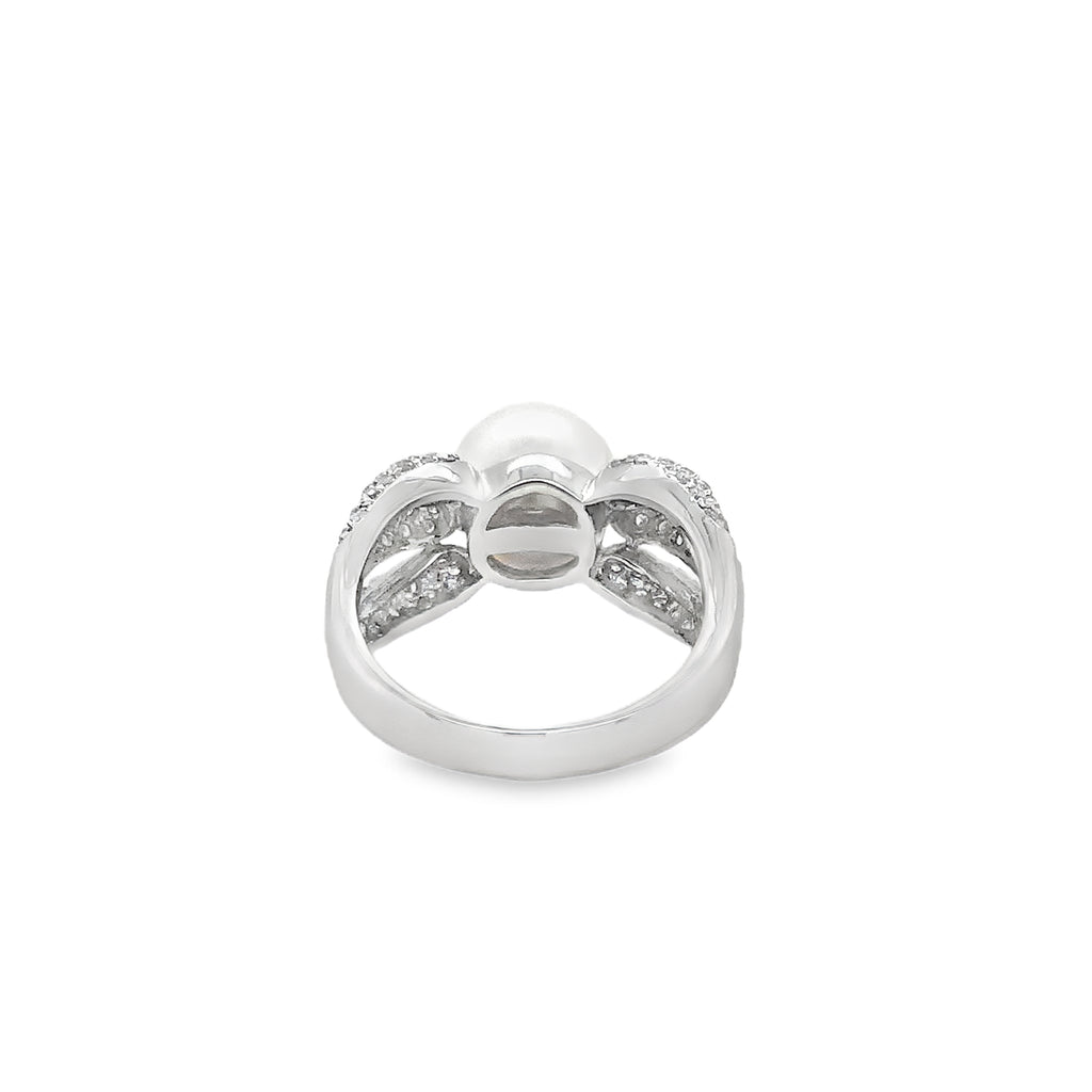 White Cultured South Sea Pearl and Diamond Ring Triple Split Shank Design 18K White Gold - Image 7 of 10