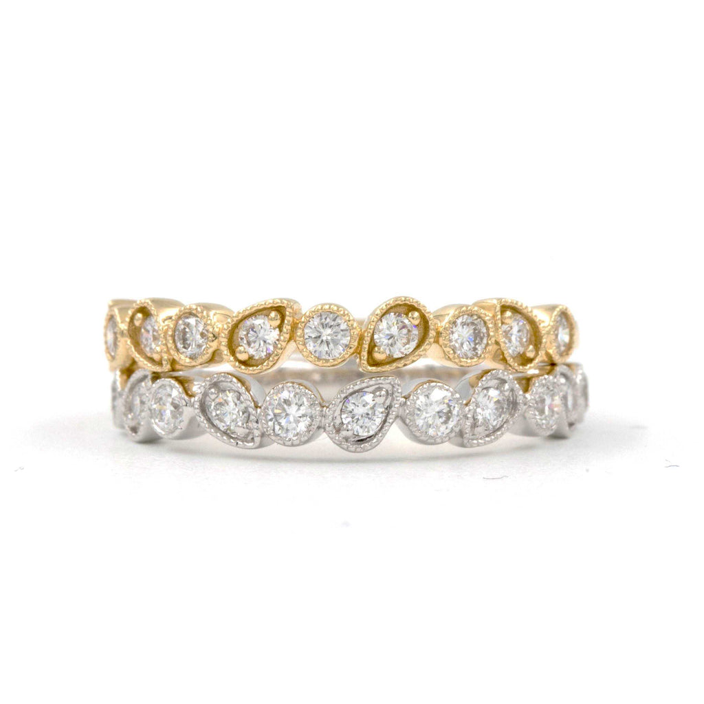 pear and round alternating shaped stackable diamond ring 14k white gold