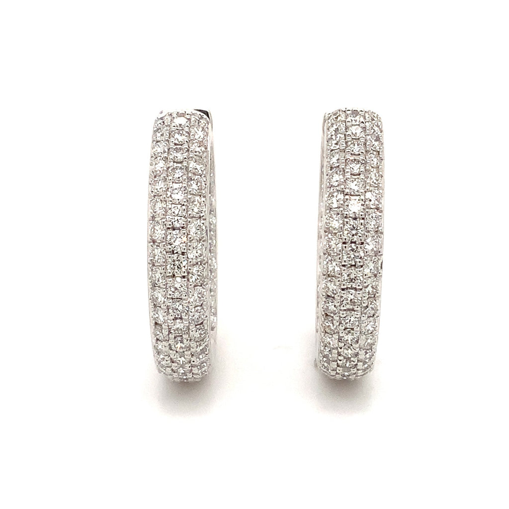 asba collection pavé 3 row round inside -outside diamond hoop earrings set in 14k white gold