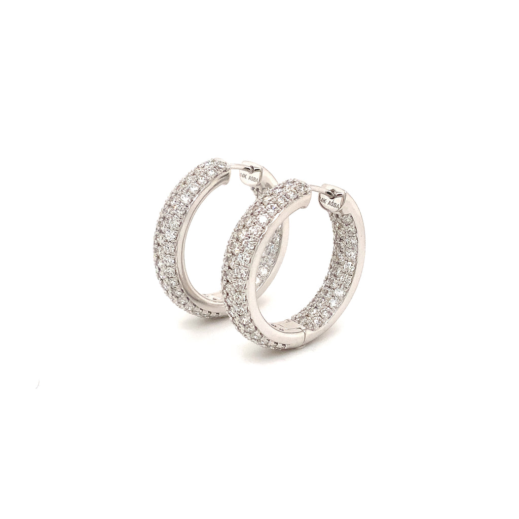 asba collection pavé 3 row round inside -outside diamond hoop earrings set in 14k white gold