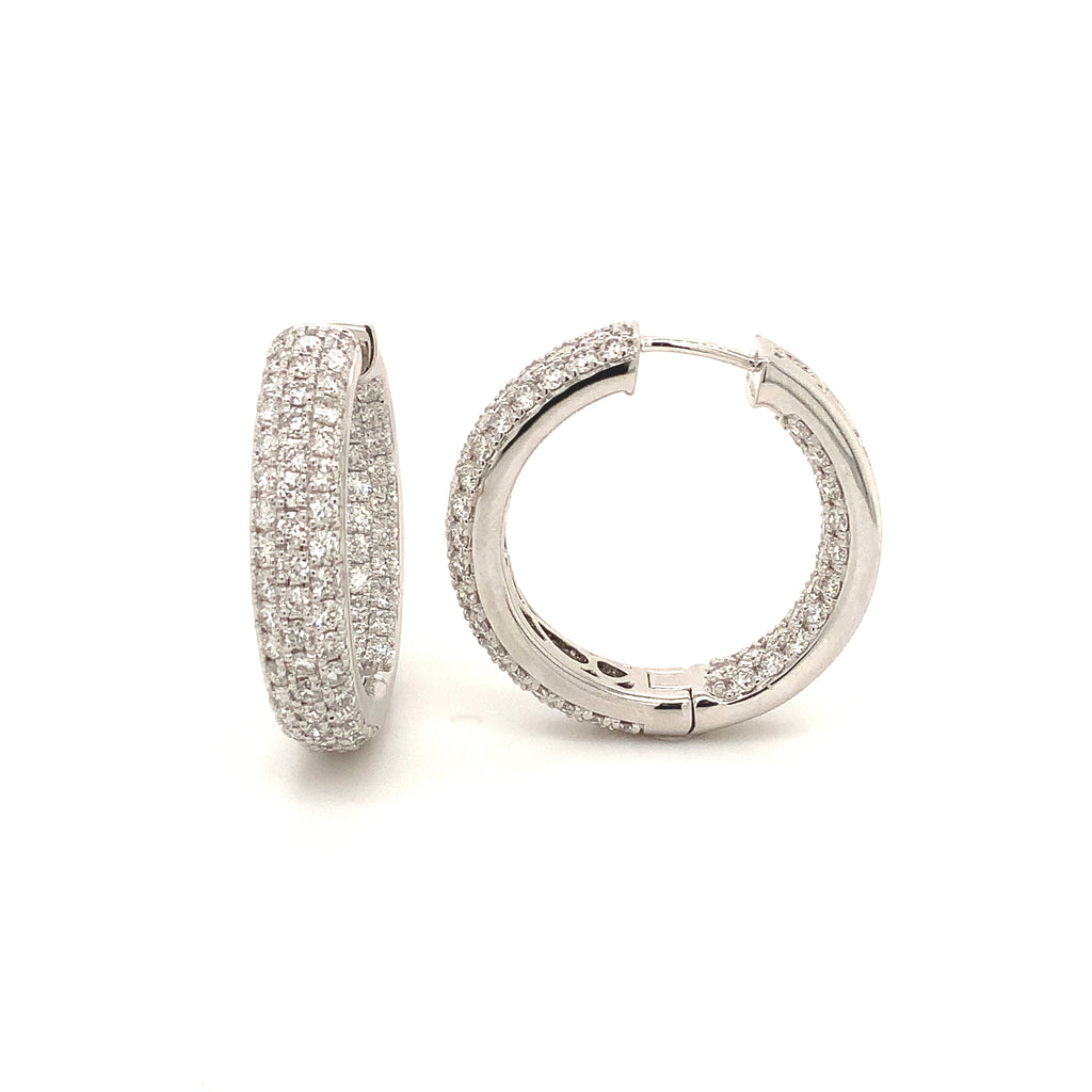 asba collection pavé 3 row round inside -outside diamond hoop earrings set in 14k white gold