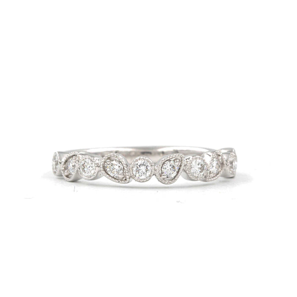 pear and round alternating shaped stackable diamond ring 14k white gold