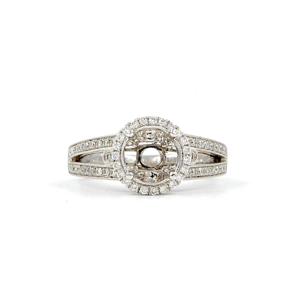 halo diamond semi mounting 70 round brilliant diamonds equals to .43 ctw 18k white gold