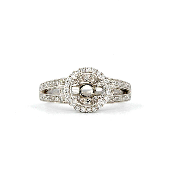 halo diamond semi mounting 70 round brilliant diamonds equals to .43 ctw 18k white gold