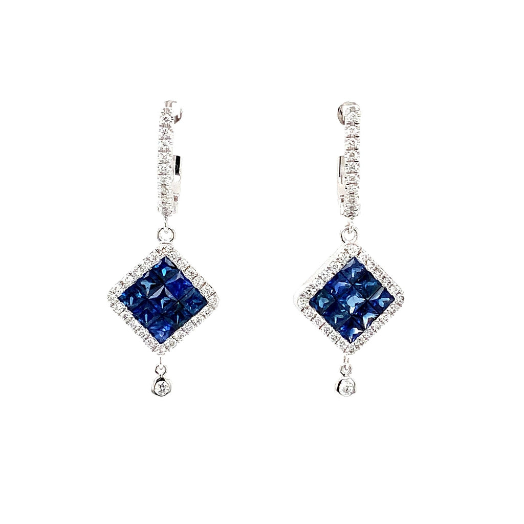 ASBA Collection Ceylon Blue Sapphire Princess Cut Invisibly Set and Diamond Drop Lever Back Earrings set in 1 - Image 1 of 4