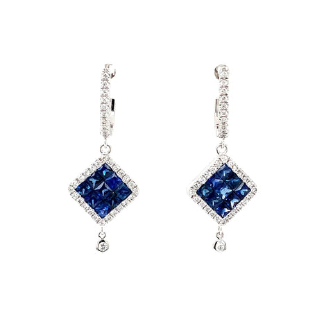 ASBA Collection Ceylon Blue Sapphire Princess Cut Invisibly Set and Diamond Drop Lever Back Earrings set in 1 - Image 1 of 4