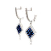 ceylon blue sapphire princess cut invisibly set and diamond drop lever back earrings set in 14 kt white gold