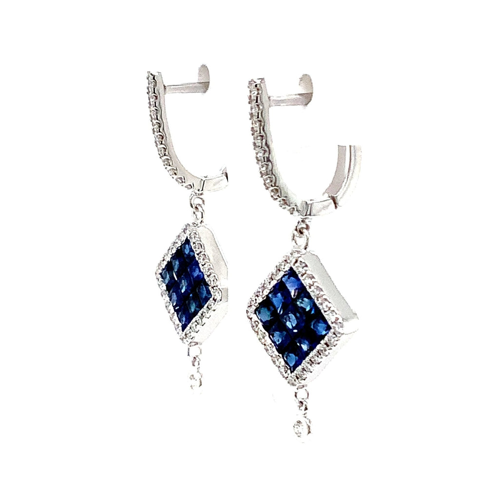 ceylon blue sapphire princess cut invisibly set and diamond drop lever back earrings set in 14 kt white gold