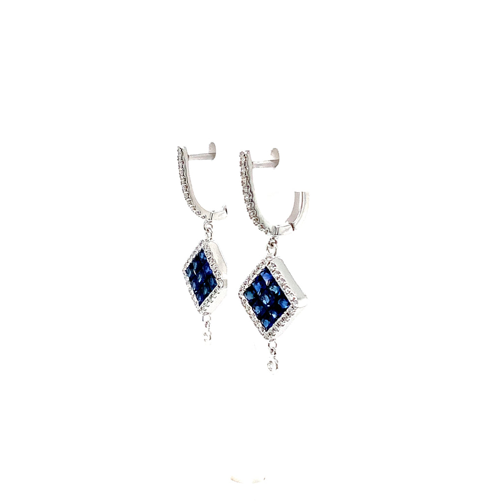 ASBA Collection Ceylon Blue Sapphire Princess Cut Invisibly Set and Diamond Drop Lever Back Earrings set in 1 - Image 3 of 4