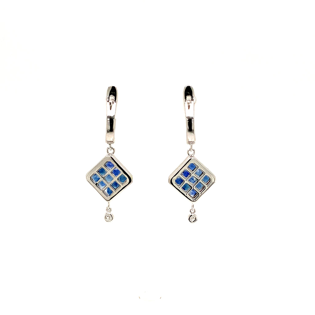 ASBA Collection Ceylon Blue Sapphire Princess Cut Invisibly Set and Diamond Drop Lever Back Earrings set in 1 - Image 4 of 4