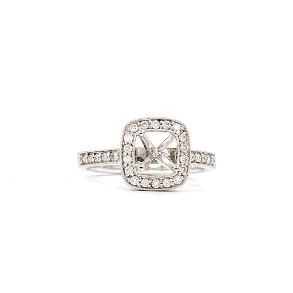 cushion shaped diamond halo semi mounting paved 0.49ctw 14k white gold