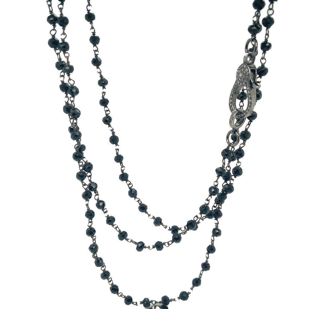 Faceted Black Spinal Bead Necklace wire wrap in Oxidized Sterling Silver with Gray Diamond Clasp - Image 1 of 3