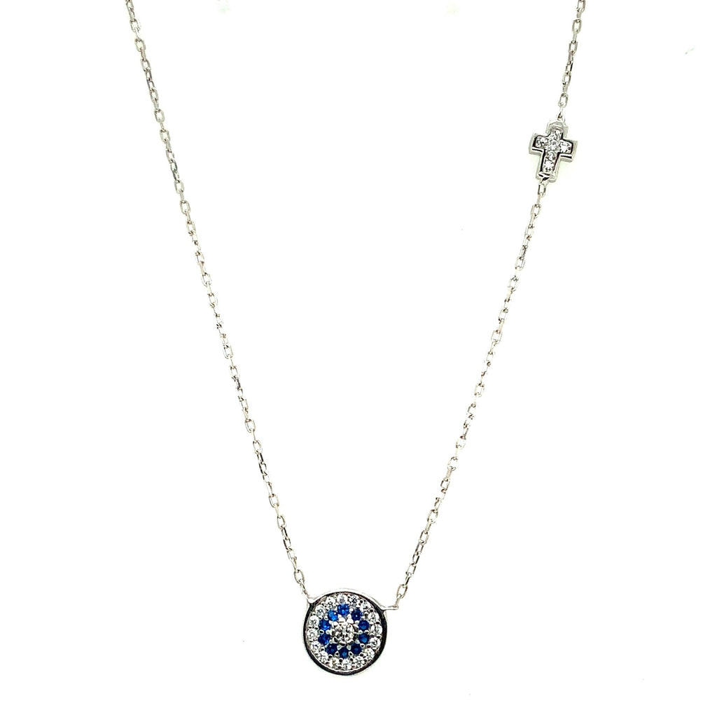 Round Sterling Silver and CZ Evil Eye Necklace with Cross