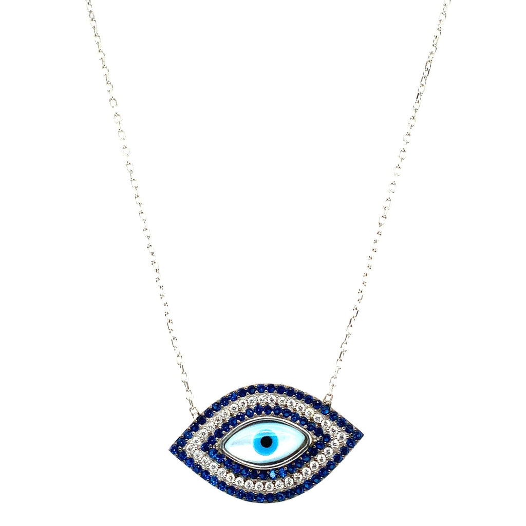 Sterling Silver Mother of Pearl and CZ EvilEye Pendant Rhodium Finish