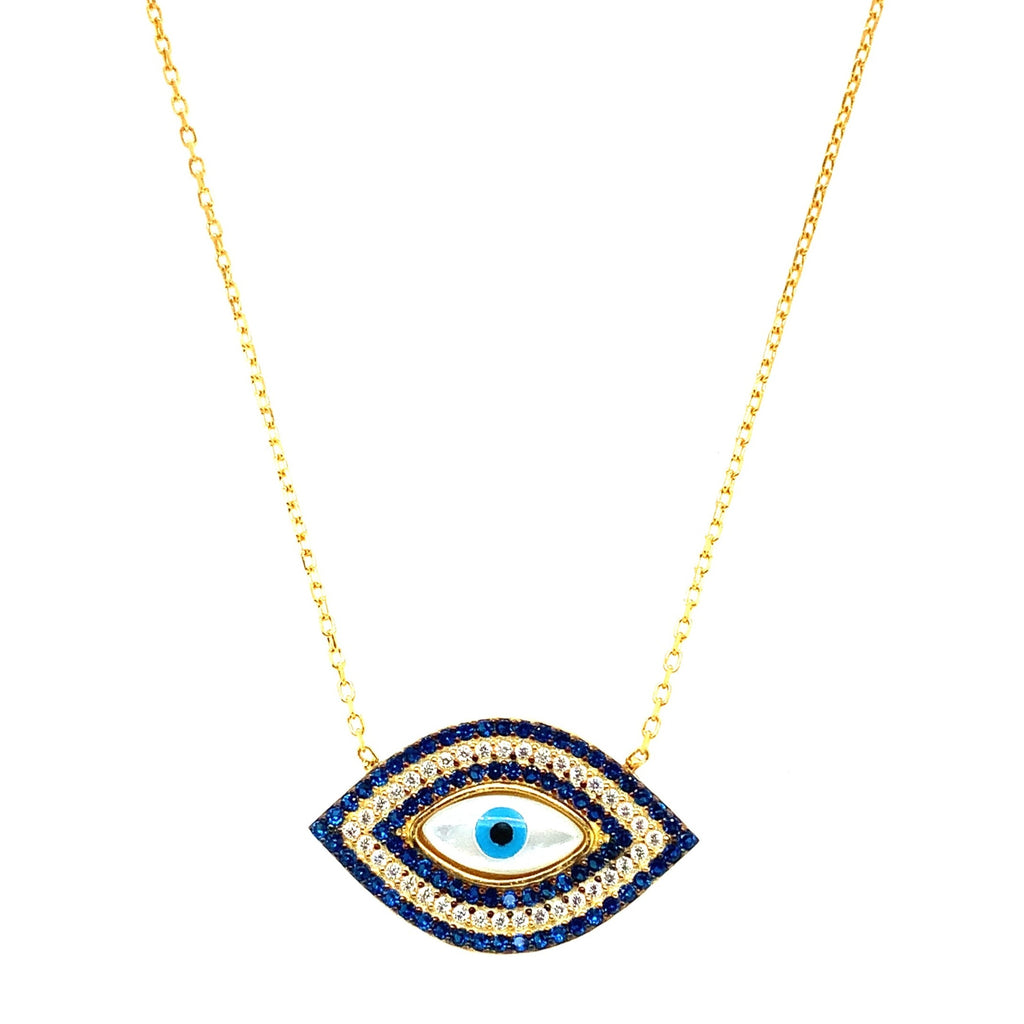 Sterling Silver Mother of Pearl and CZ EvilEye Pendant Yellow Gold Vermeil