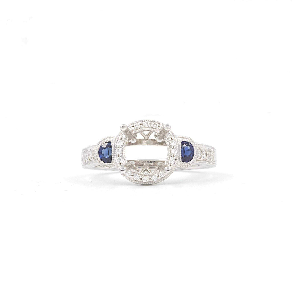 round brilliant cut diamond & blue sapphire semi mounting 14k white gold