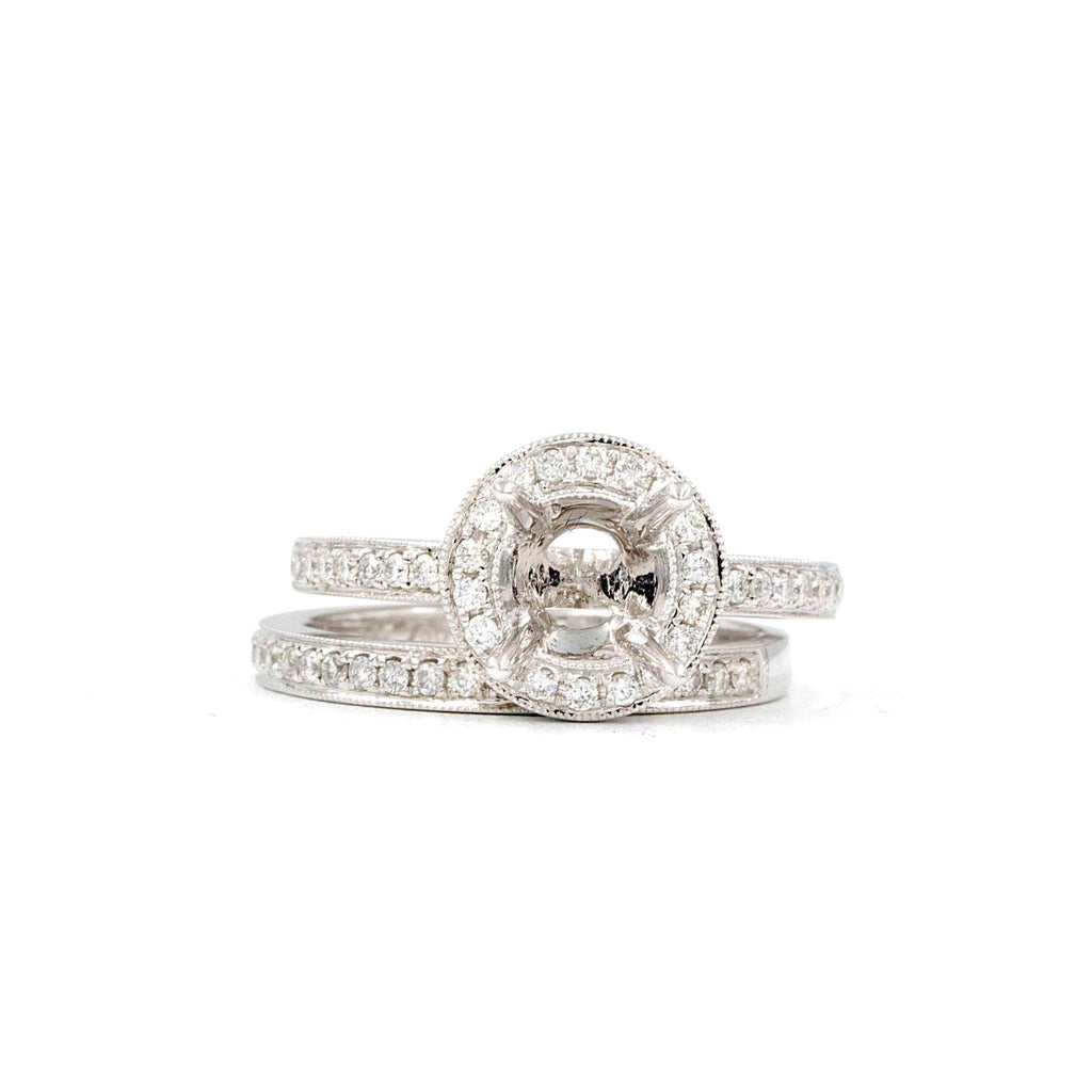 diamond halo semi mounting wedding set with matching band 56 round brilliant diamonds equals .48 ctw 18k white gold