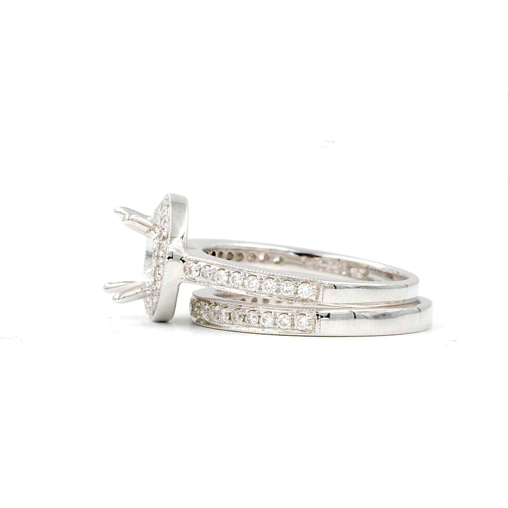 diamond halo semi mounting wedding set with matching band 56 round brilliant diamonds equals .48 ctw 18k white gold