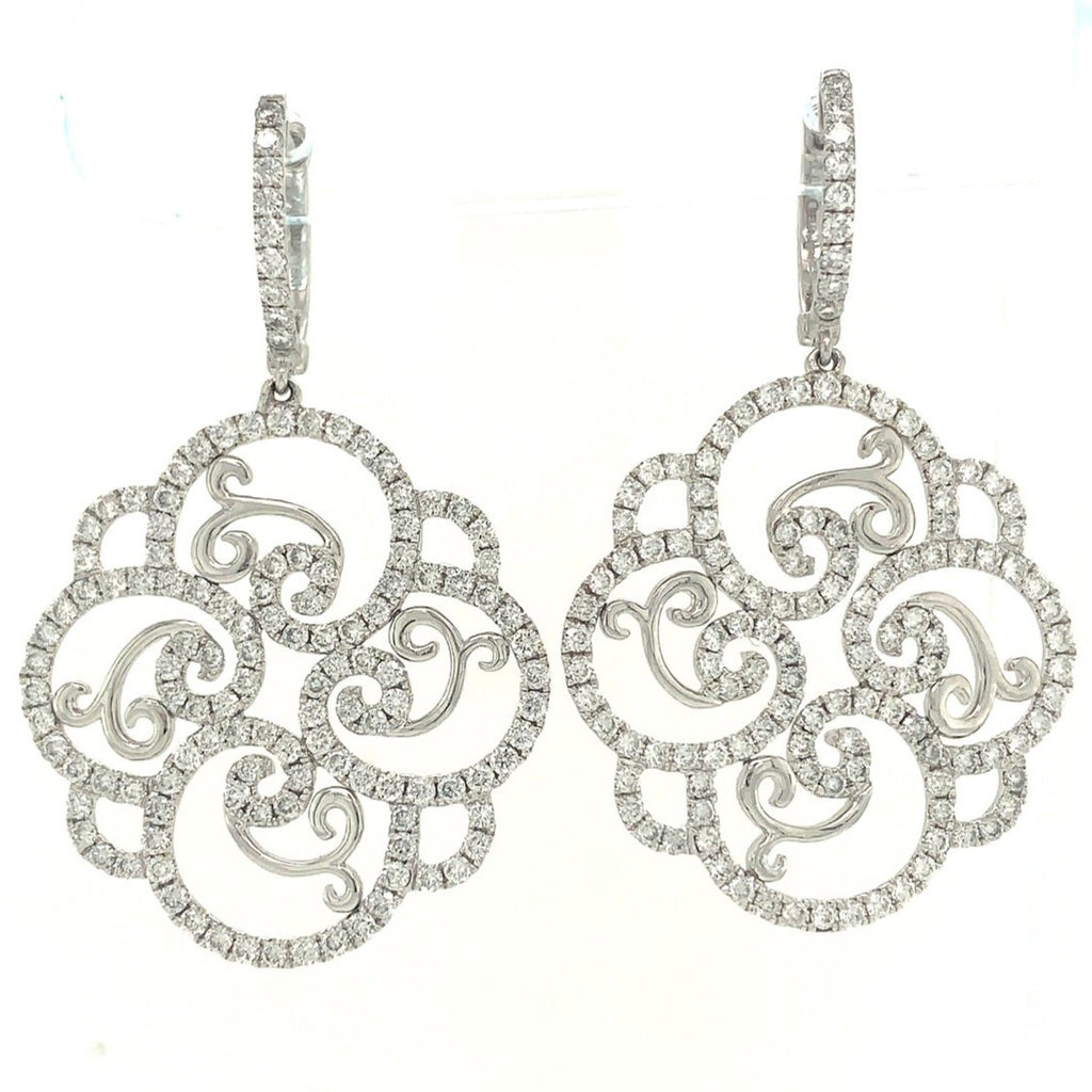 one of a kind pavée diamond filigree swirl drop earrings 18k white gold