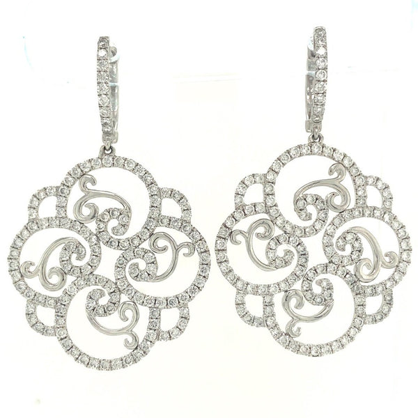 one of a kind pavée diamond filigree swirl drop earrings 18k white gold