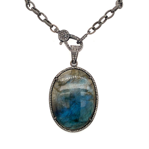 oxidized sterling silver diamond and  labradorite pendant with diamond clasp chain