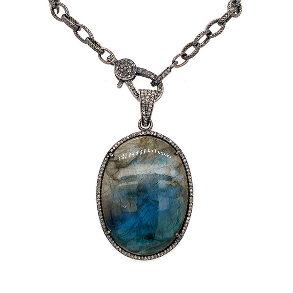 oxidized sterling silver diamond and  labradorite pendant with diamond clasp chain
