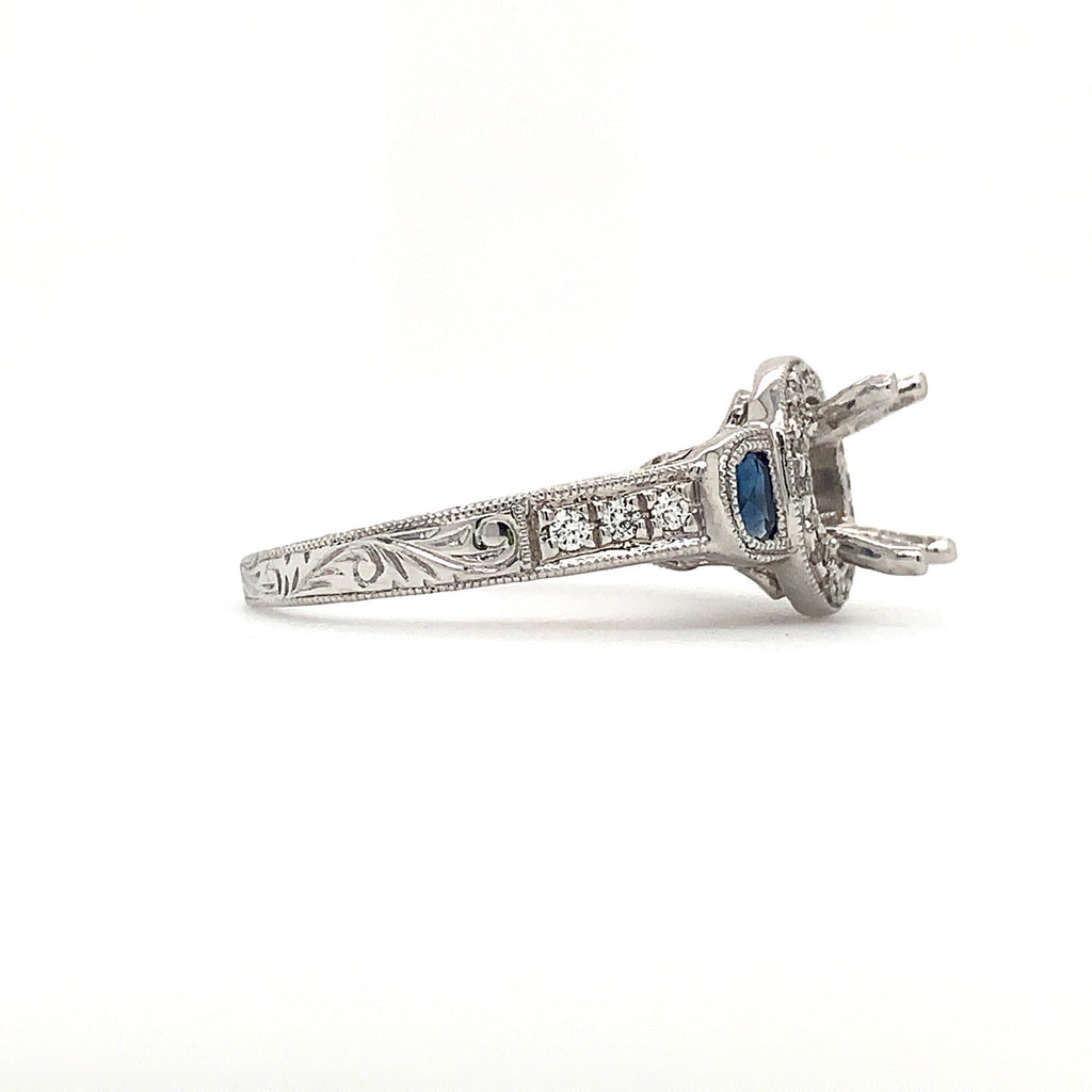 round brilliant cut diamond & blue sapphire semi mounting 14k white gold