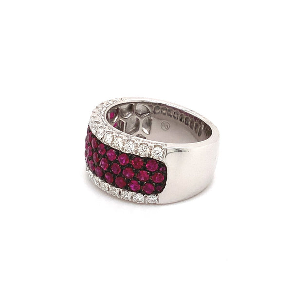 roman + jules pavé ruby and diamond five row cigar band set in 14k white gold with black rhodium detailing.