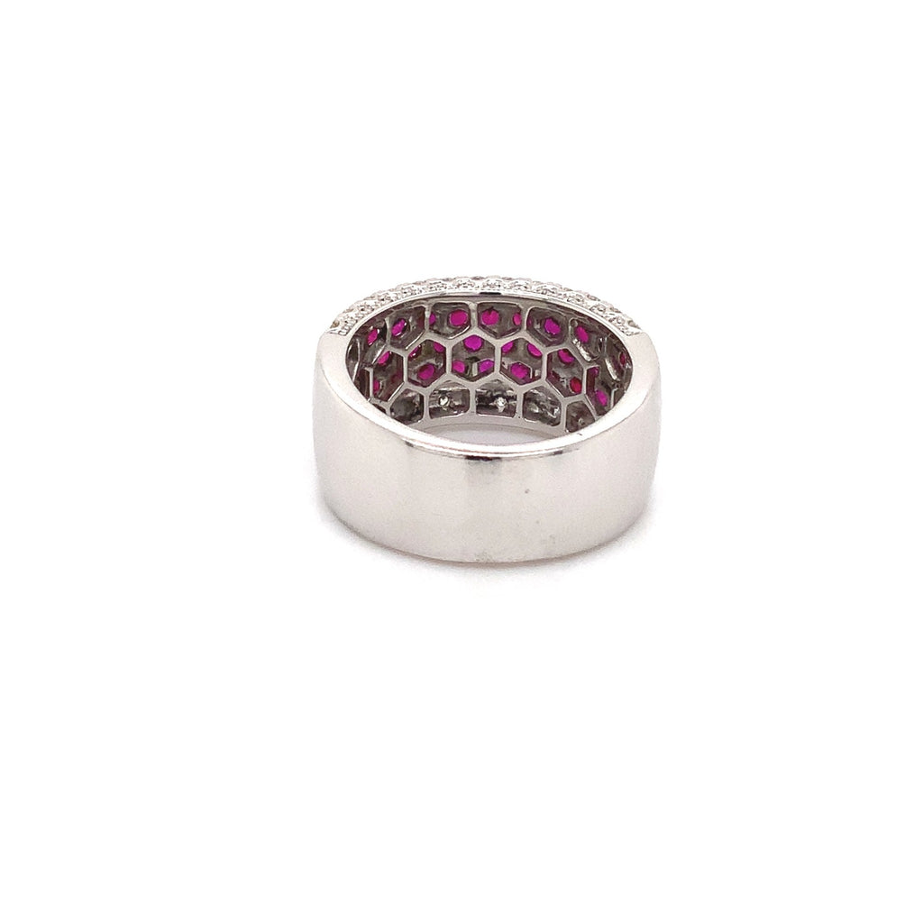 roman + jules pavé ruby and diamond five row cigar band set in 14k white gold with black rhodium detailing.