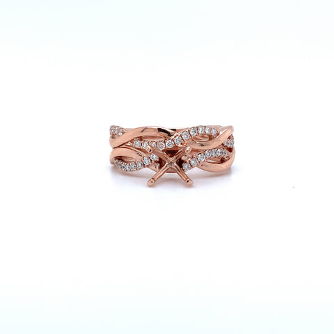 rose gold 4 prong basket diamond semi-mounting swirling wedding set in 14 kt.