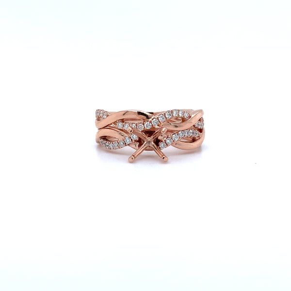 rose gold 4 prong basket diamond semi-mounting swirling wedding set in 14 kt.