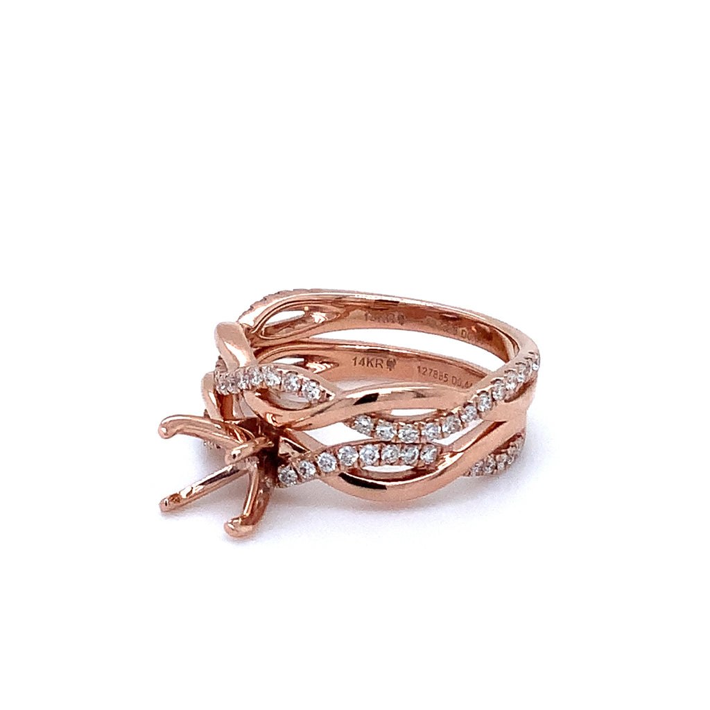 rose gold 4 prong basket diamond semi-mounting swirling wedding set in 14 kt.