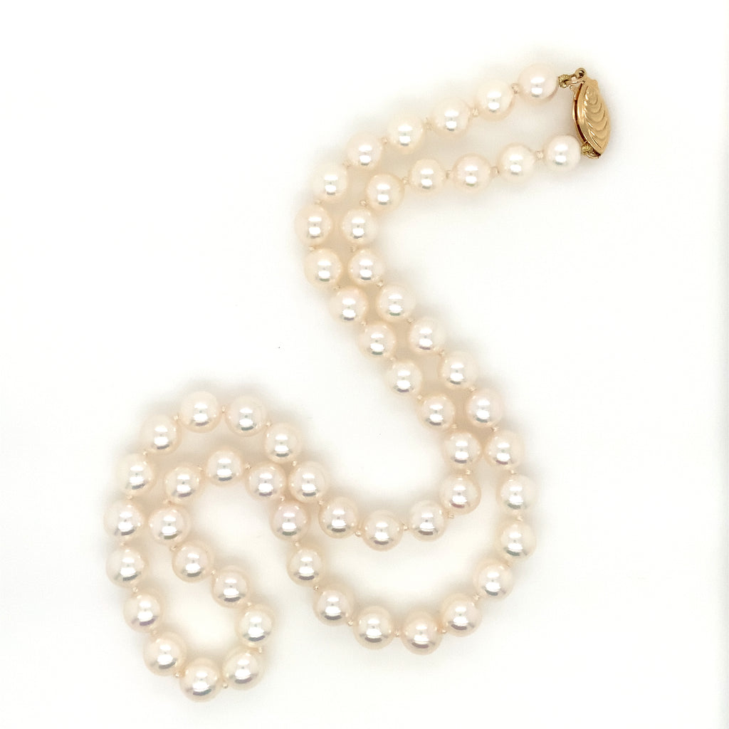 cultured akoya pearl necklace 6.5 mm round 16 inches long 14 kt yellow gold clasp