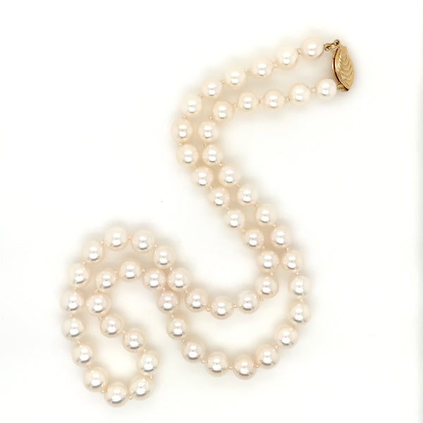 cultured akoya pearl necklace 6.5 mm round 16 inches long 14 kt yellow gold clasp