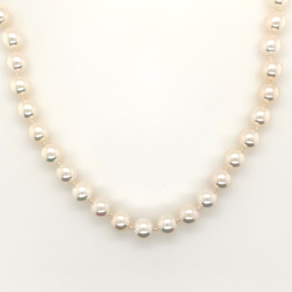 cultured akoya pearl necklace 6.5 mm round 16 inches long 14 kt yellow gold clasp