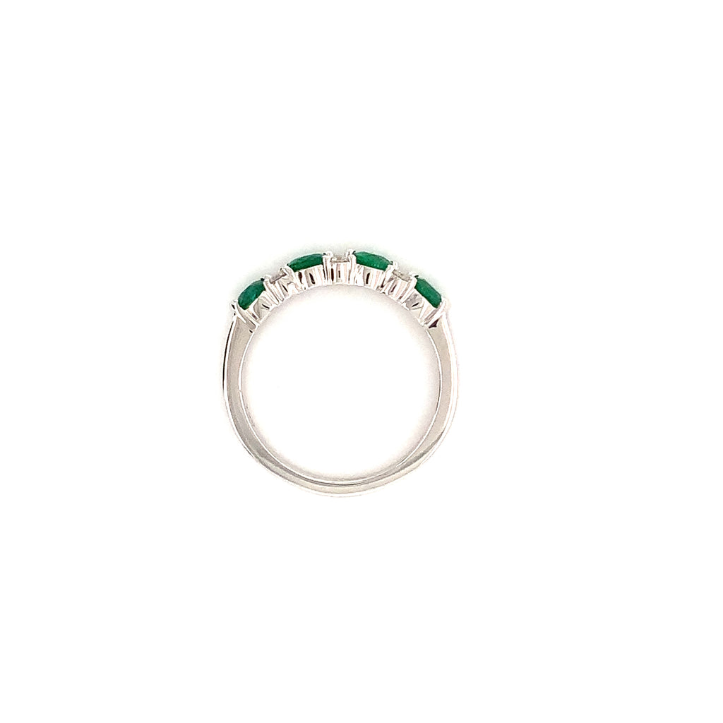 classic emerald and diamond straight line shared prong band in 18k white gold