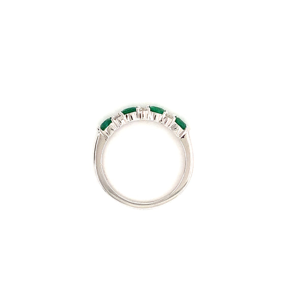 classic emerald and diamond straight line shared prong band in 18k white gold